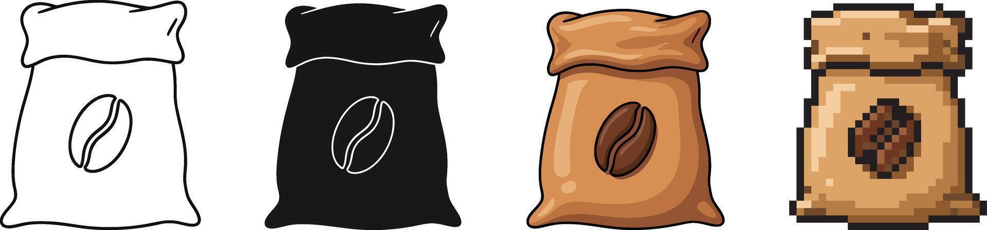 Set of Coffee Bag Icons Line Solid Color and Pixel Art vector