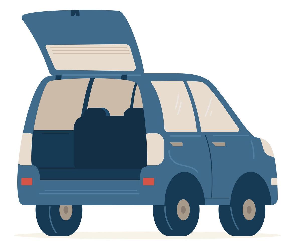 A car with an open trunk with no people view from the back flat illustration isolated on white. vector