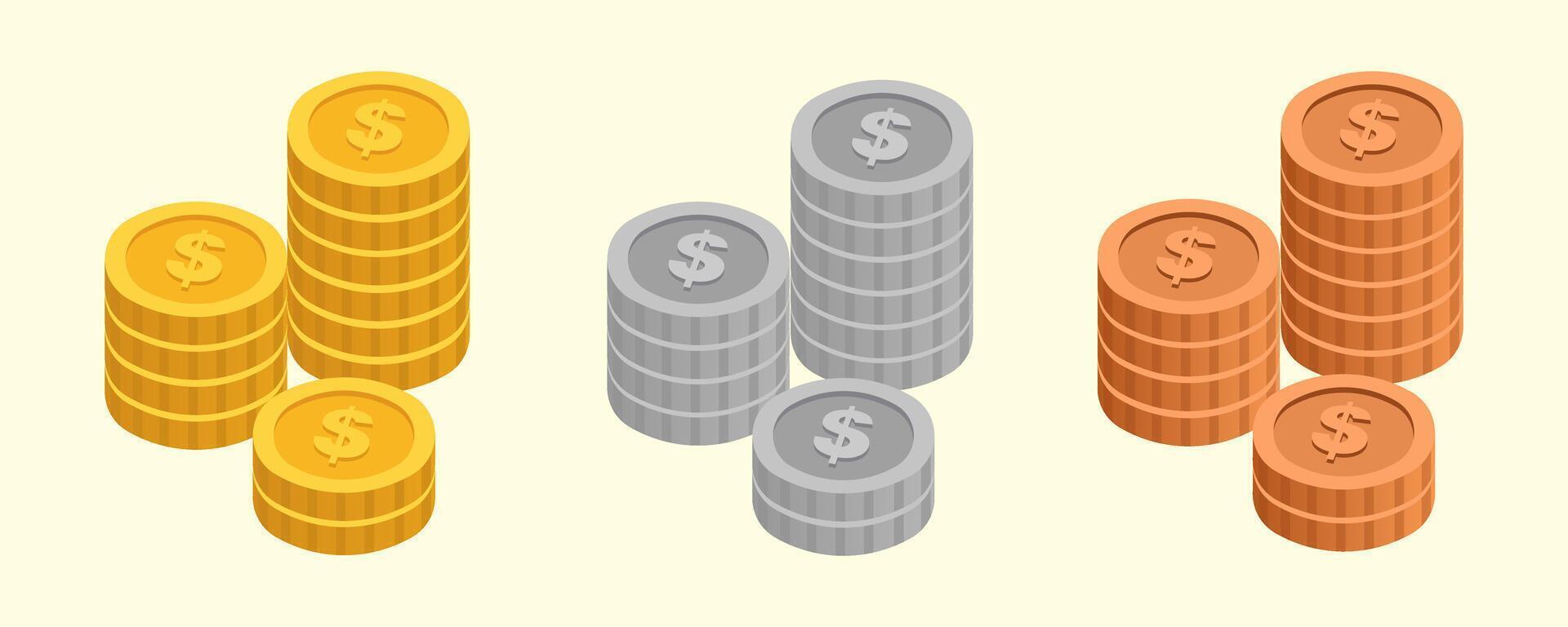 Gold Silver and Bronze Coins Illustration Design vector