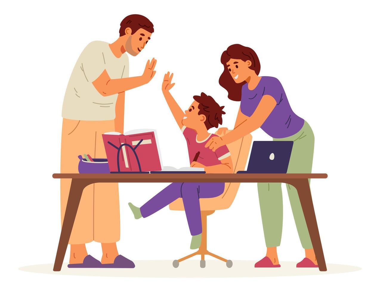 Family helping child with homework vector
