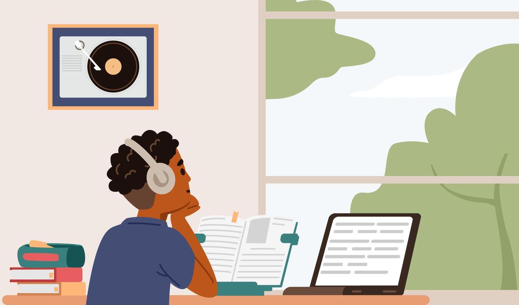 Student listening music while studying vector