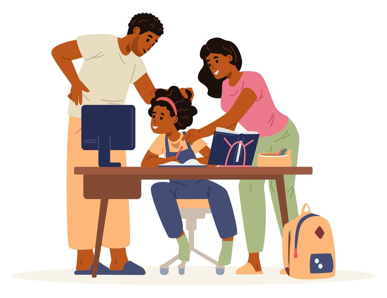 Family assisting child with homework vector