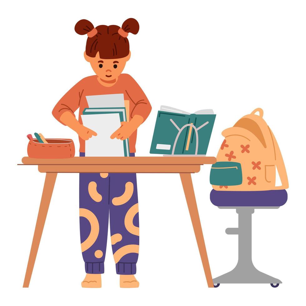 Child organizing books at a table vector