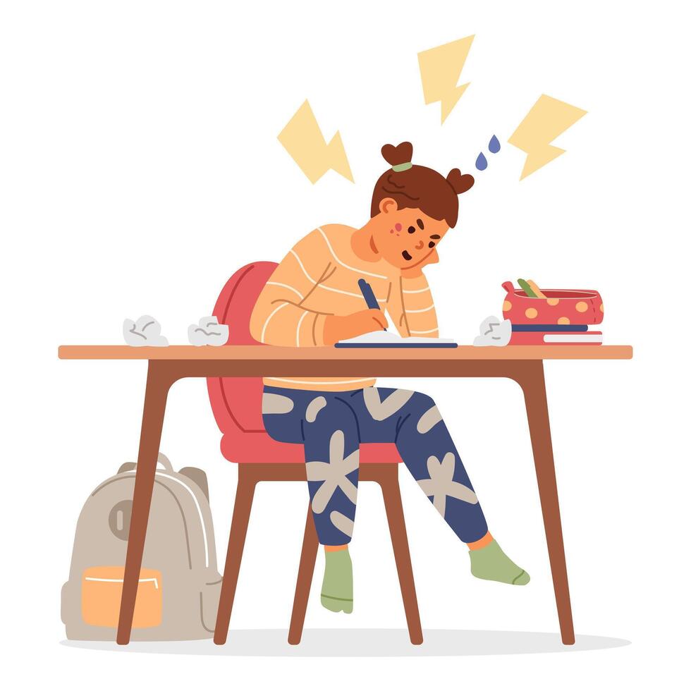 Angry primary school girl having problems while studying and doing homework flat illustration isolated on white. vector