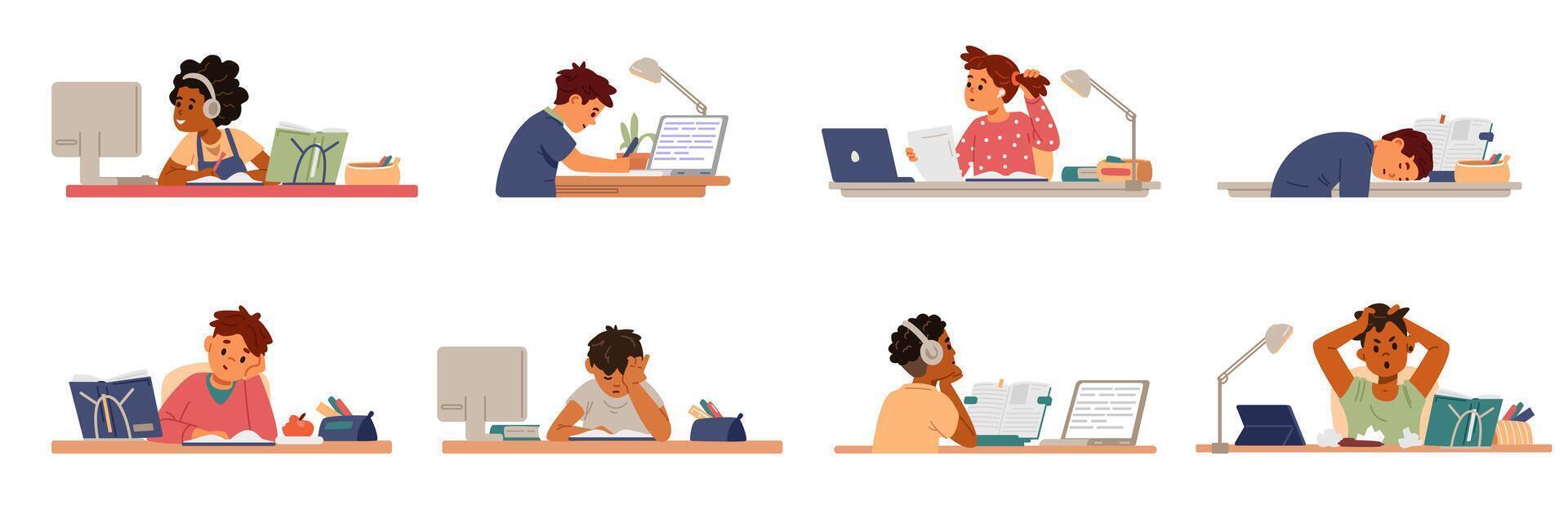 Diverse primary school children studying at home or online sitting at desk flat illustrations set isolated on white. vector