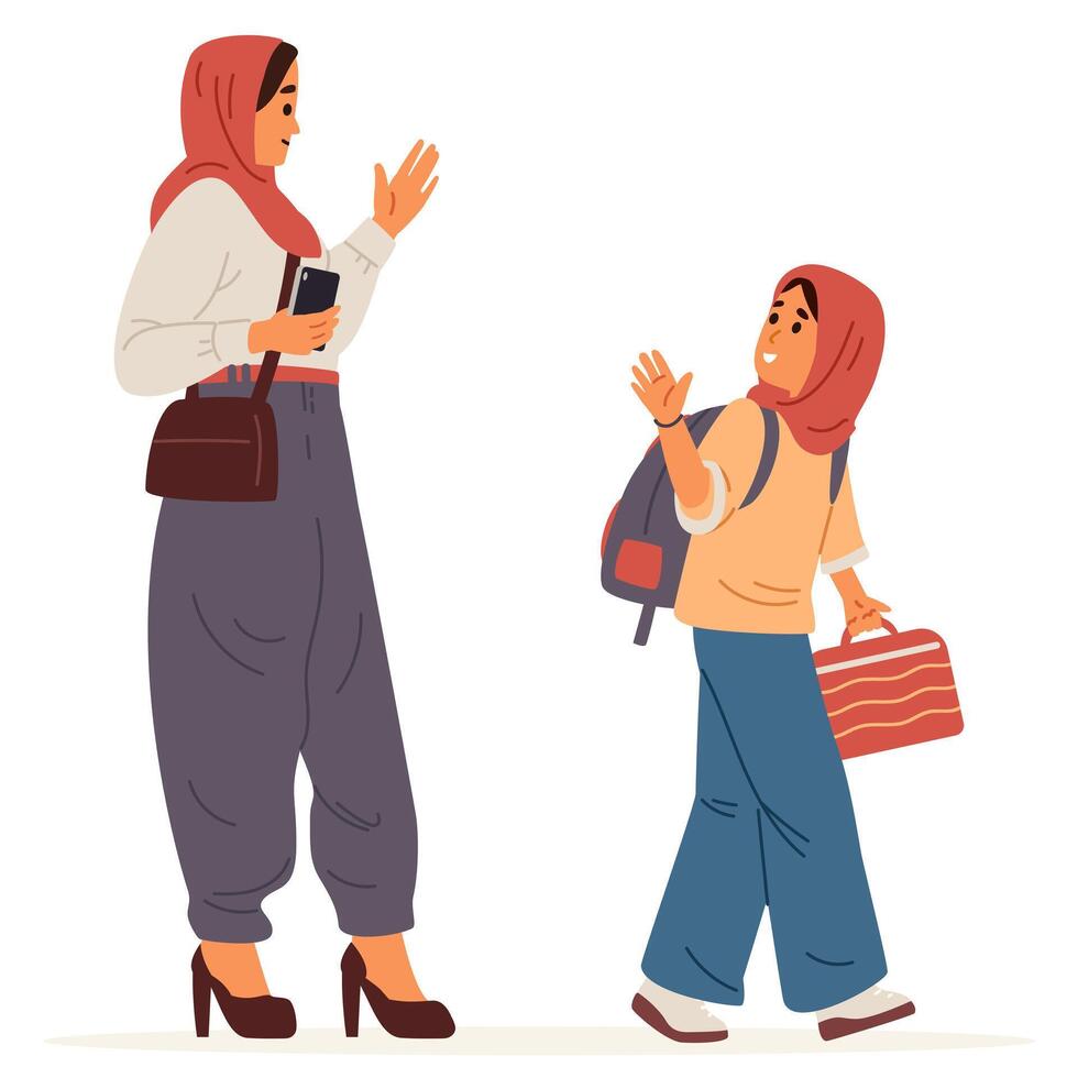 Mother and daughter waving goodbye vector