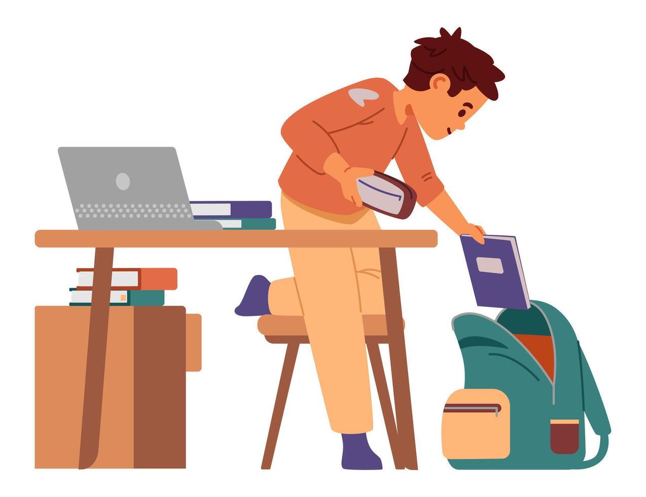 Elementary school boy preparing for school picking up his bag flat illustration isolated on white. vector