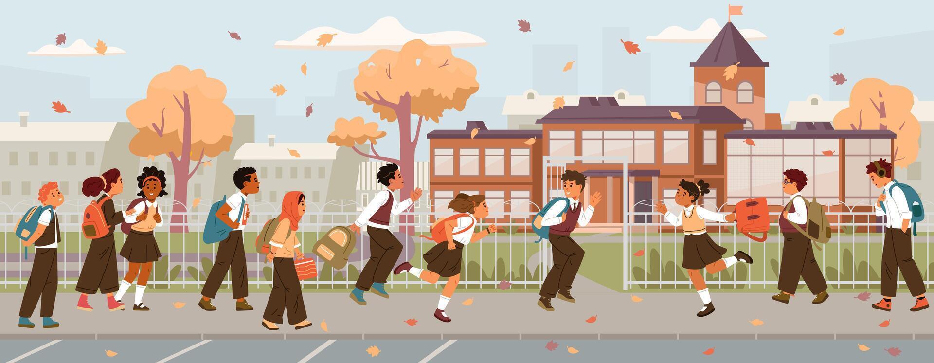 Students walking outside school during autumn vector