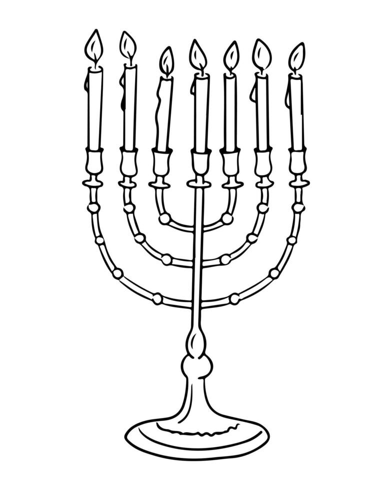 Hand drawn black and white menorah with seven lit candles isolated on white background. This represents Jewish tradition, celebration and spiritual light. vector