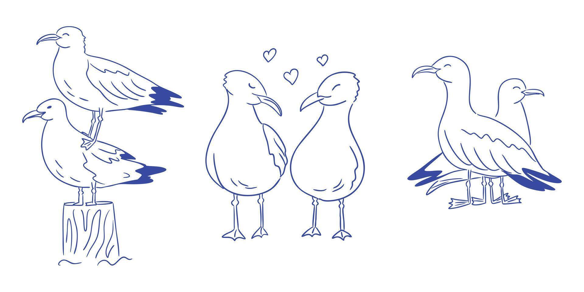 Hand drawn set of funny seagull doodles in different cute poses isolated on white background. This represents playful seaside vibes and humorous bird characters. vector