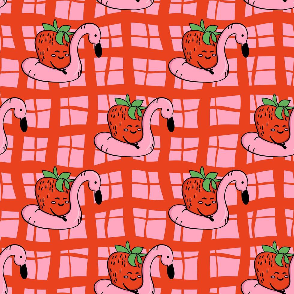 Funny seamless pattern with hand drawn strawberries relaxing on pink flamingo pool floats over a red grid background. This design represents summer leisure and playful tropical vibes. vector