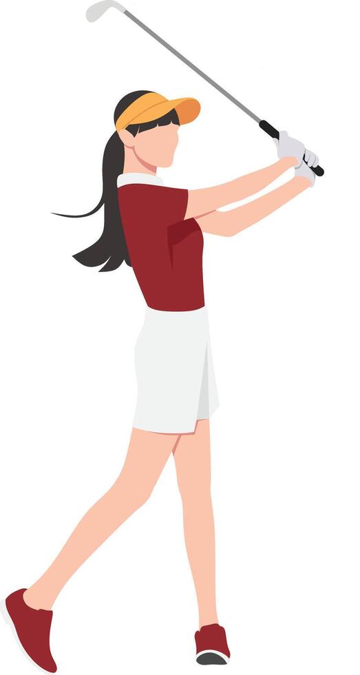 A long-haired female golfer swings a golf club isolated on a white background vector