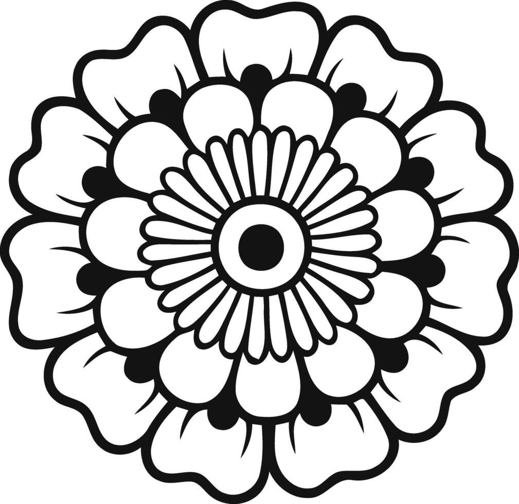 Black and white floral art illustration depicting a flower blossom of simple elegance with flat vector
