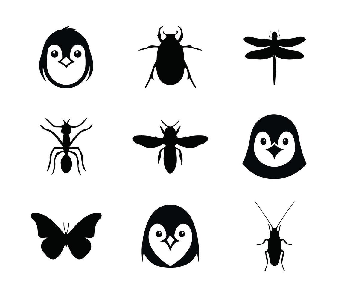 A playful set of nature icons featuring penguins beetles butterflies and more against a white minimalist backdrop vector