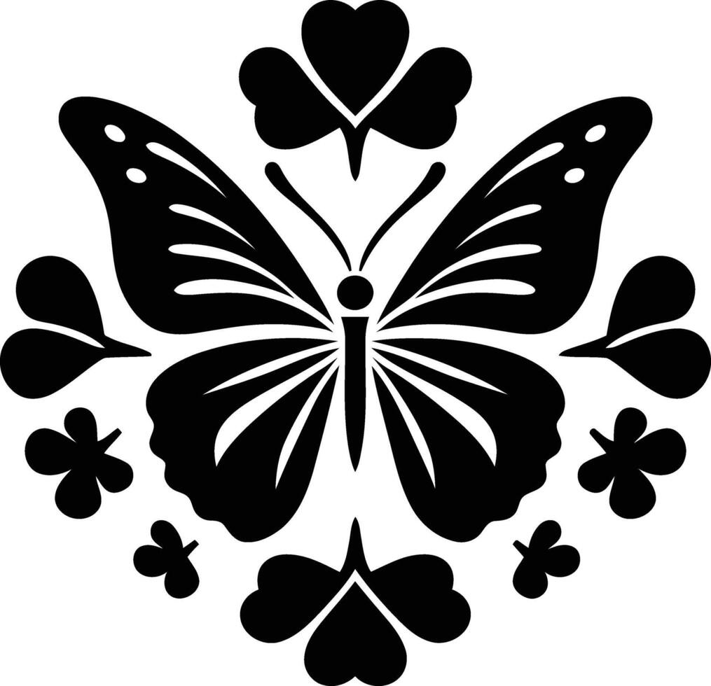 A captivating silhouette of a butterfly amongst playful clover blooms in a stenciled whimsical vector