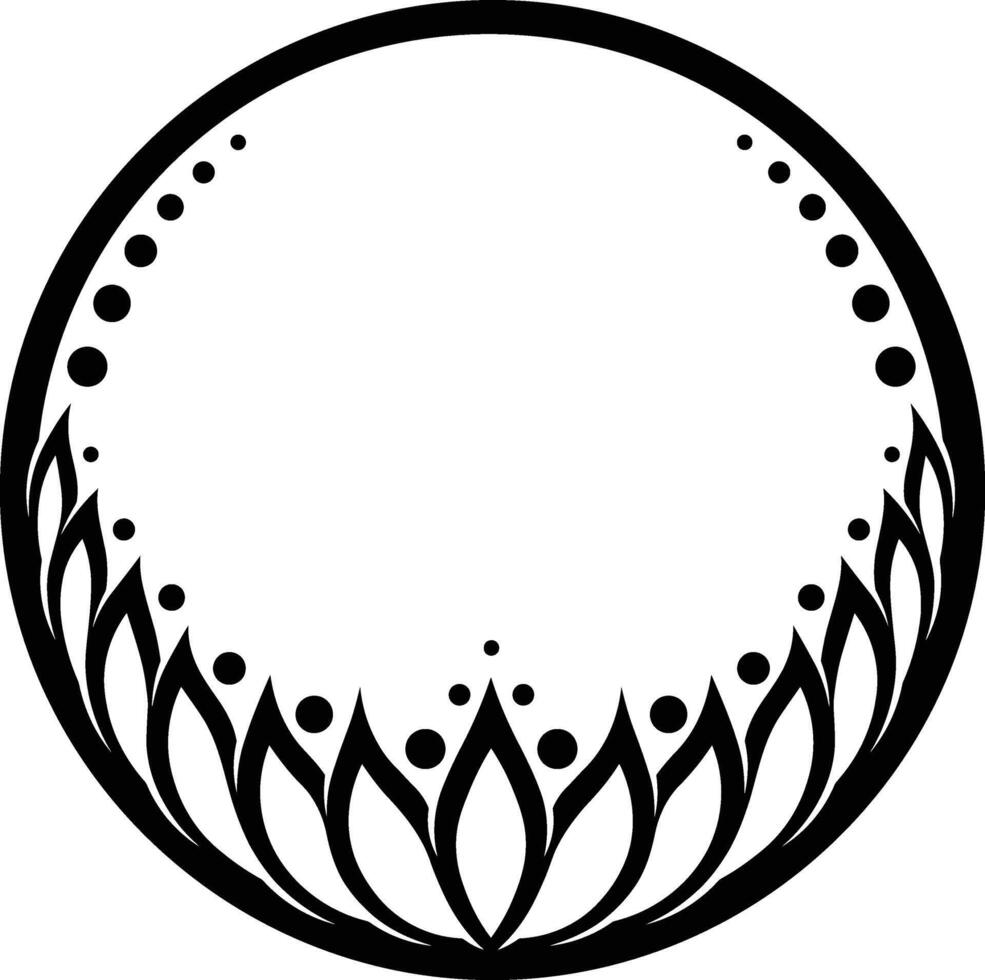Floral crescent moon frame A decorative black and white circle with lotus petals and dot details vector