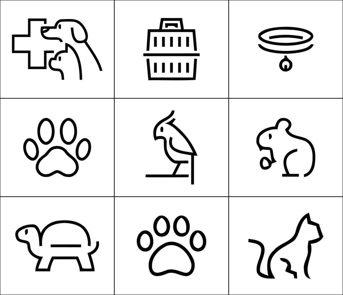 Pets and Vets Simple line drawings showing a cat dog bird turtle rodent and paw prints on white vector