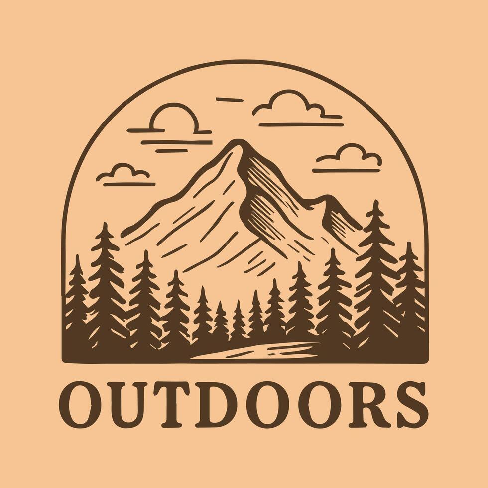 Classic Outdoors Logo Featuring Majestic Mountains and Dense Pine Forests vector