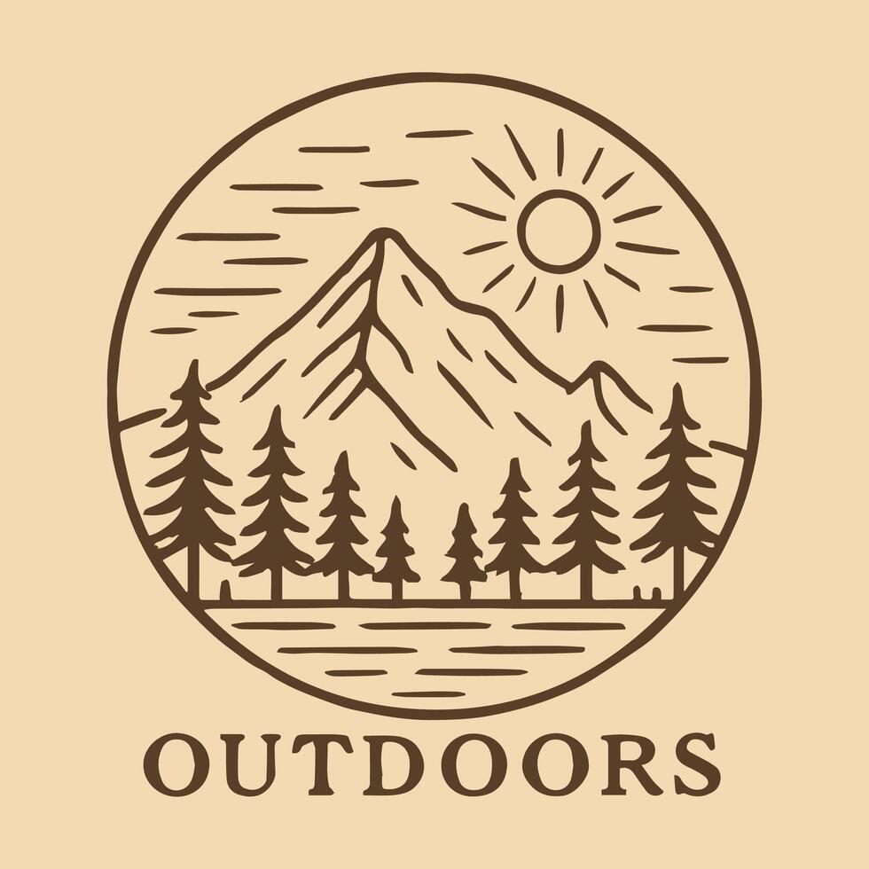 Monoline Adventure Horizon Majestic Mountains Pine Forest Sunrise Outdoors Emblem vector