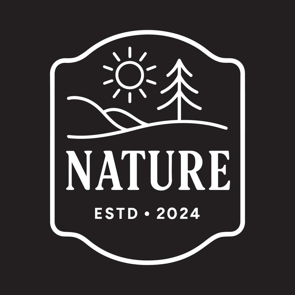 Outdoor Adventure Nature Badge Logo with Sun Pine Tree and Hills Est 2024 vector