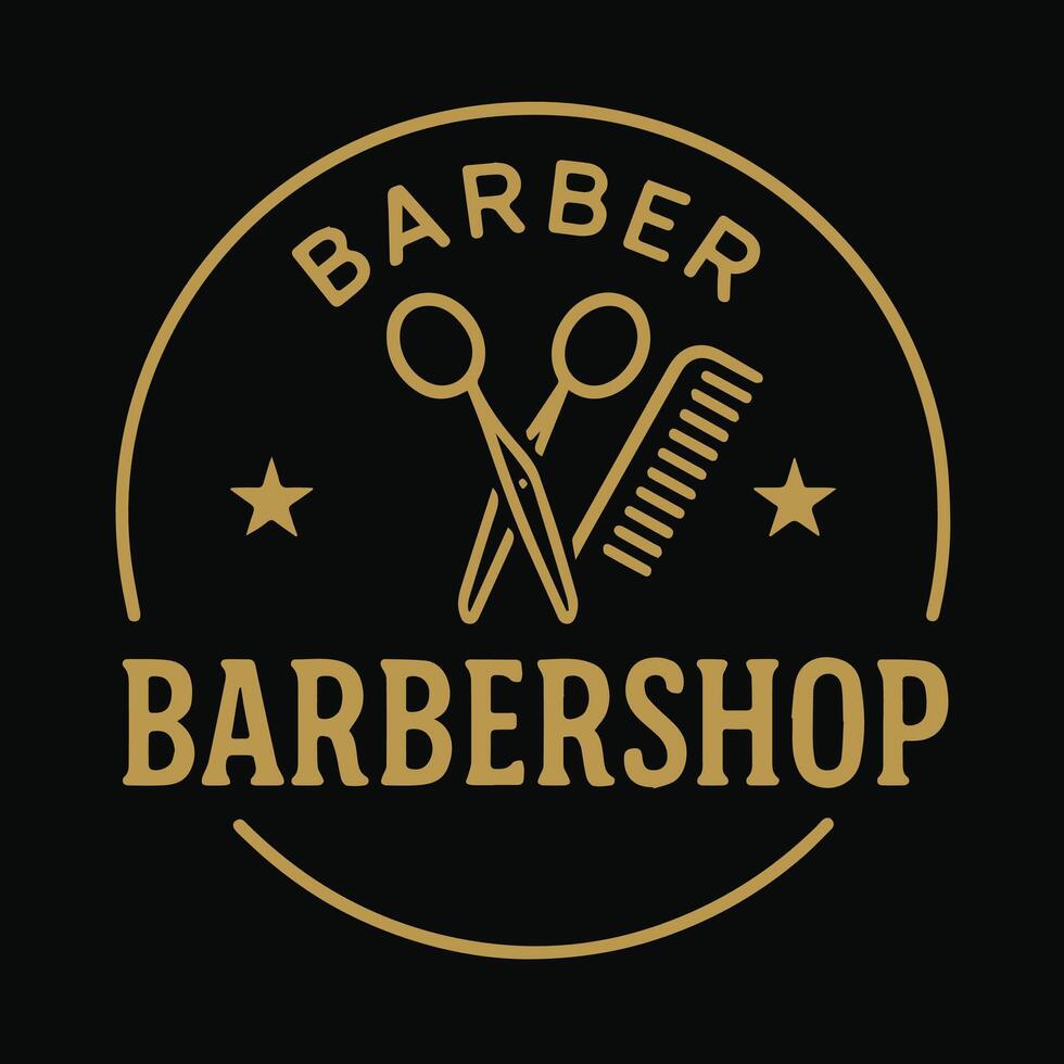Premium Barbershop Logo Gold Scissors Comb Stars Black Background Emblem vector