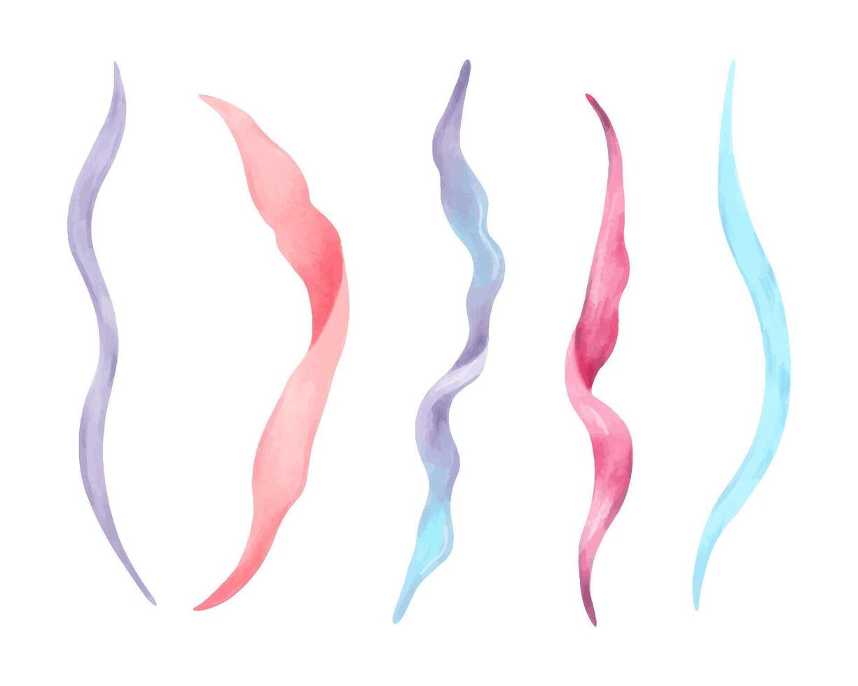 Curved underwater seaweed. Watercolor, marker illustration. Marine botanical plants clipart. Hand drawn isolated art. Ocean flora shape. Suitable for cosmetic design, children's room design, swimsuit vector