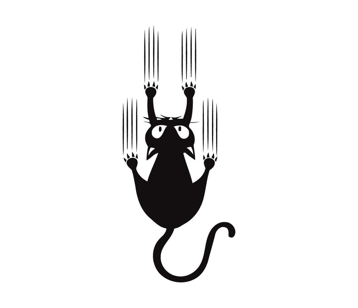 A mischievous black cat playfully scratching and clinging with bold claws on a clean white vector