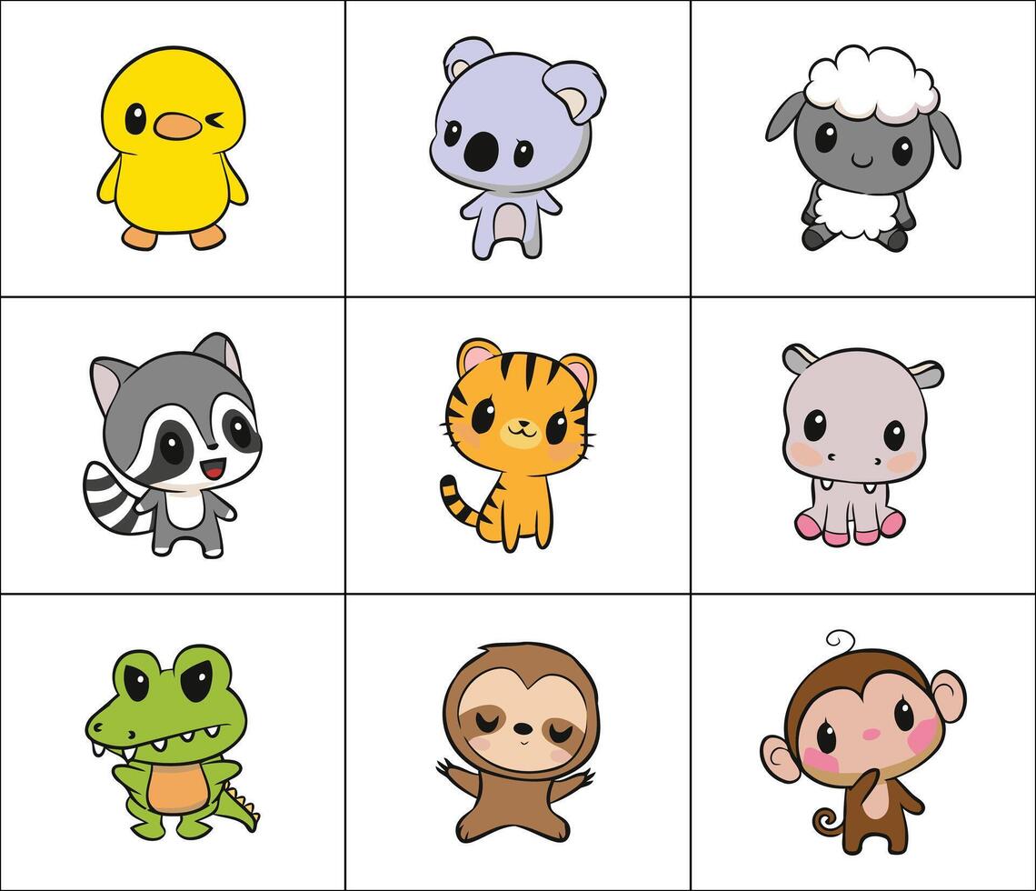 A collection of adorable cartoon animals designed for children s illustrations featuring clean lines vector