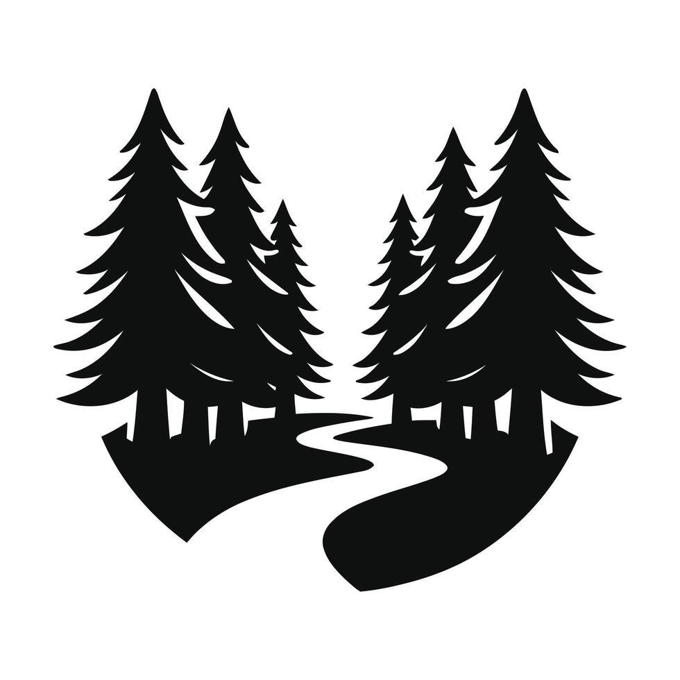 A serene forest path promising adventure and solitude among the evergreens conveyed in simple black vector