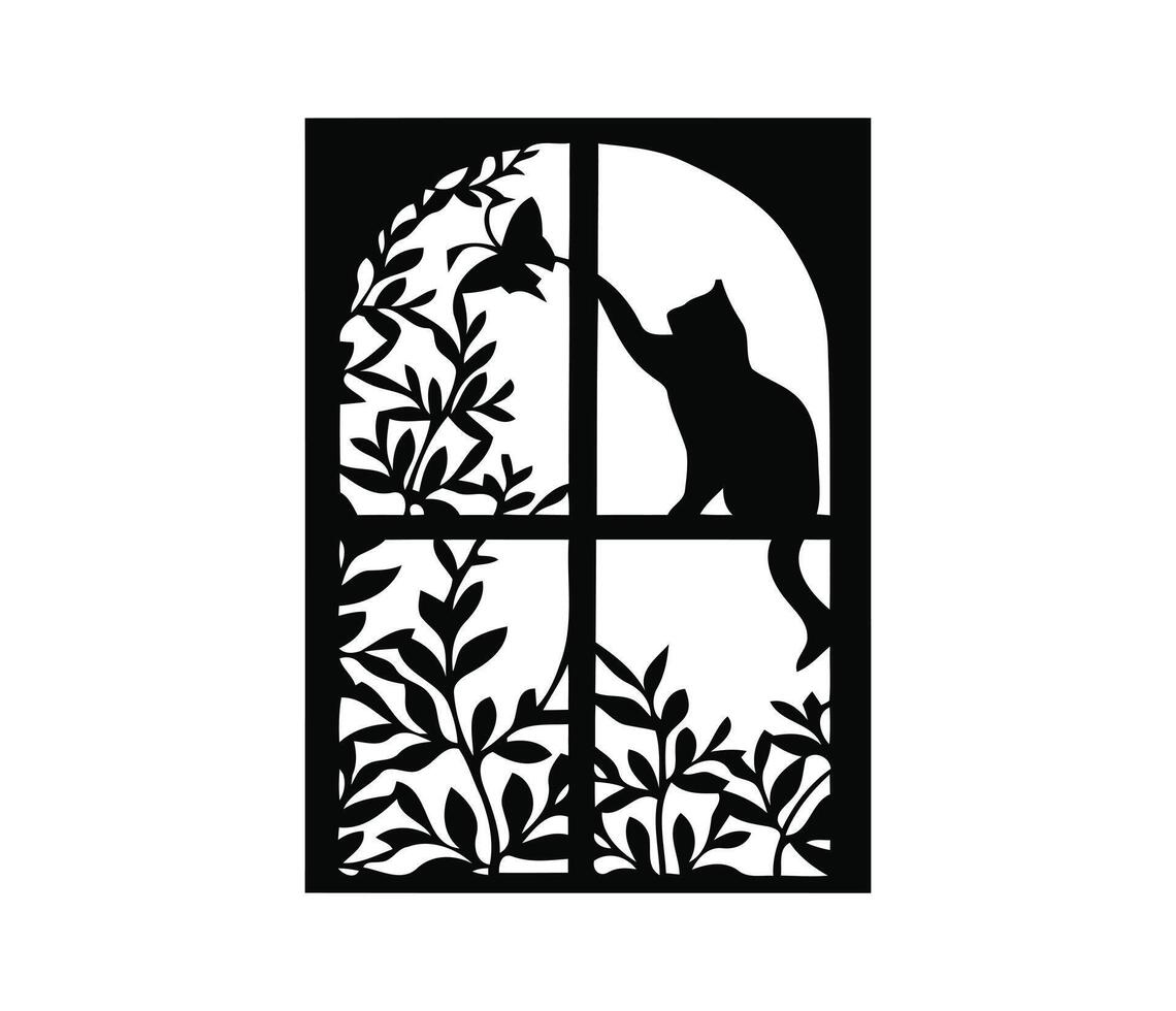 Curious Cat Reaching for a Butterfly near a Window with Lush Foliage in an Elegant Silhouette Art vector