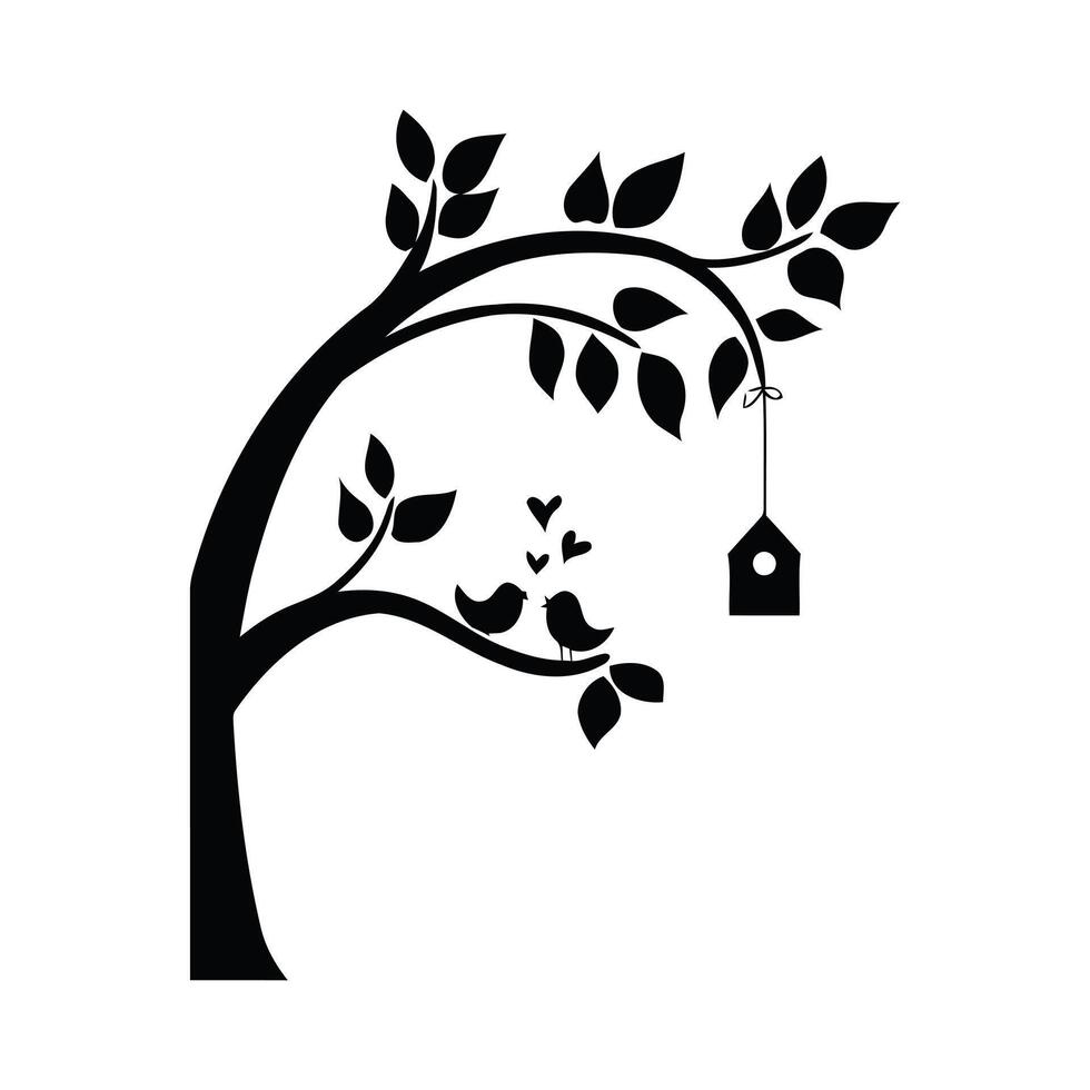 Lovebirds nestled beneath a heart filled tree a charming birdhouse swinging gently in monochrome vector