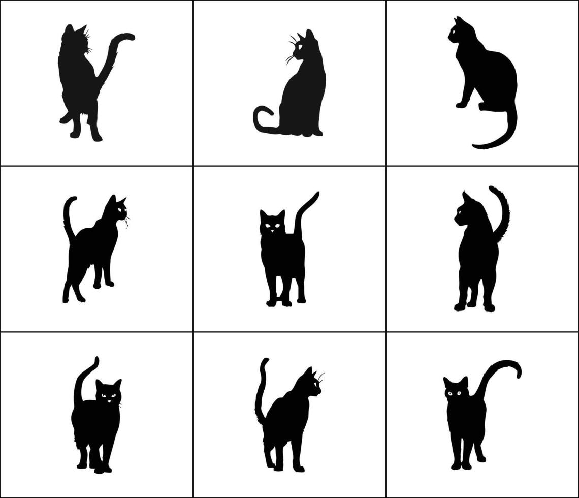 Nine curious black cats striking playful poses each a unique shadow against bright white background vector