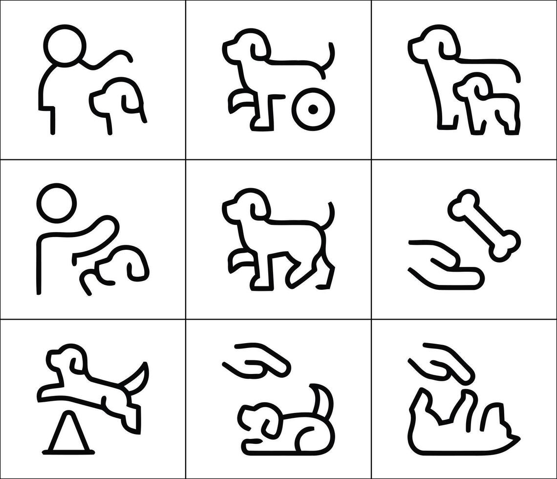 Loving companionship depicted through dog care icons playful moments and support with simple clean vector
