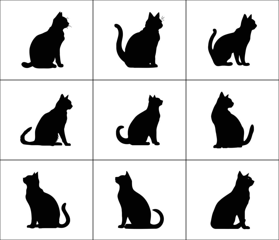 Graceful cats in silhouette a feline family poses with minimalist black shapes on bright white vector