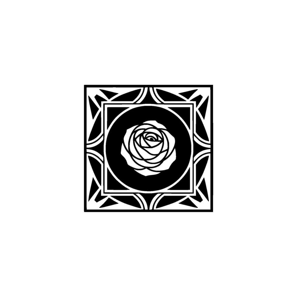 Elegant Art Deco Rose In A Geometric Frame, Black And White Illustration vector