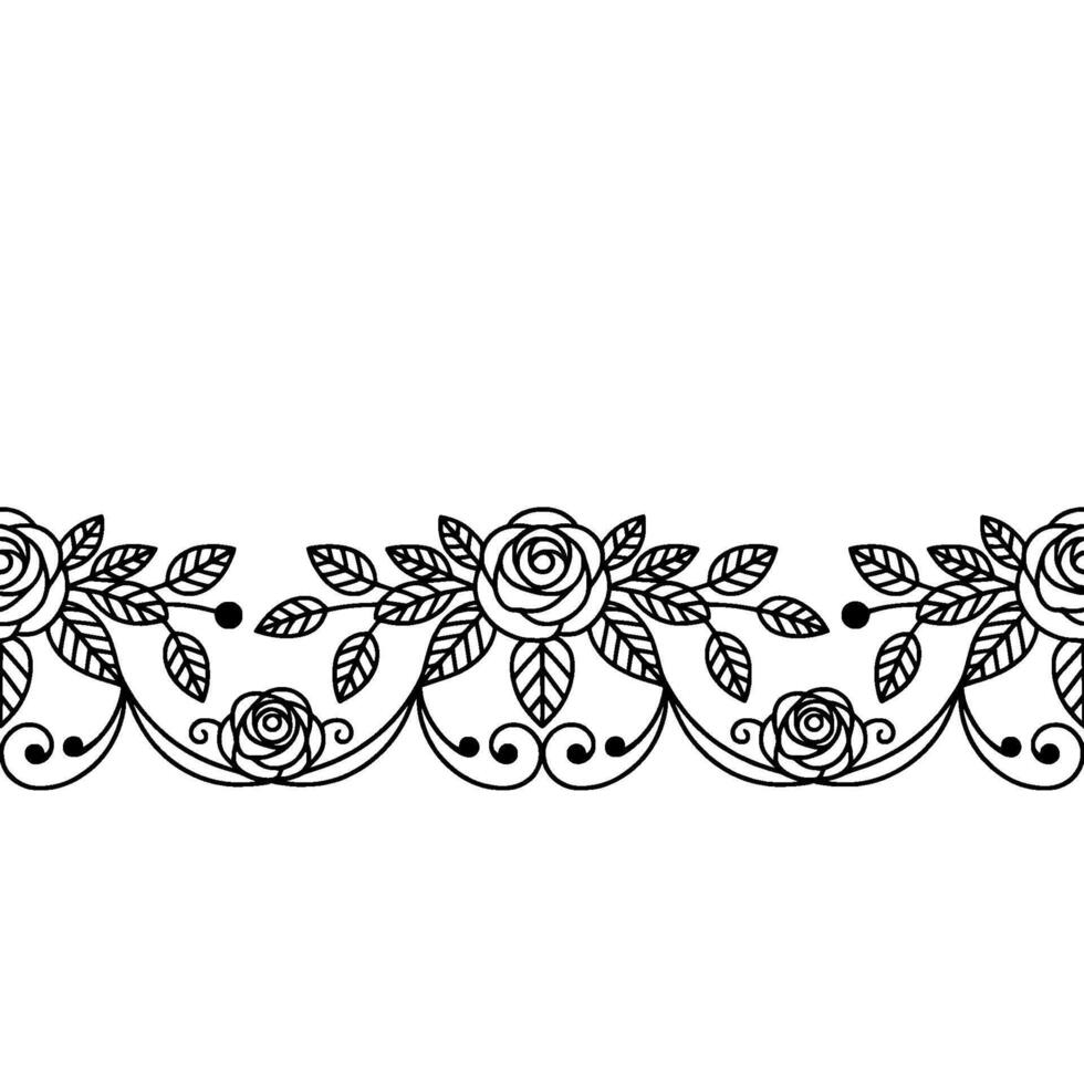 Elegant Floral Border Rose And Leaf Pattern, Minimalist Black And White vector