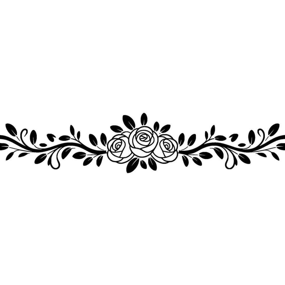 Floral Line Art Border Black Roses Leaves, Elegant vector