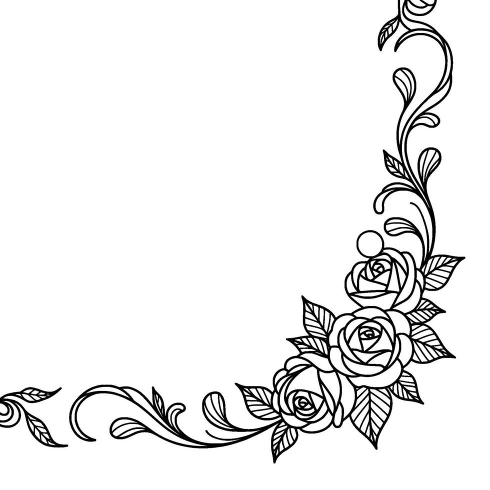 Elegant Floral Corner Frame, Black And White Line Art vector