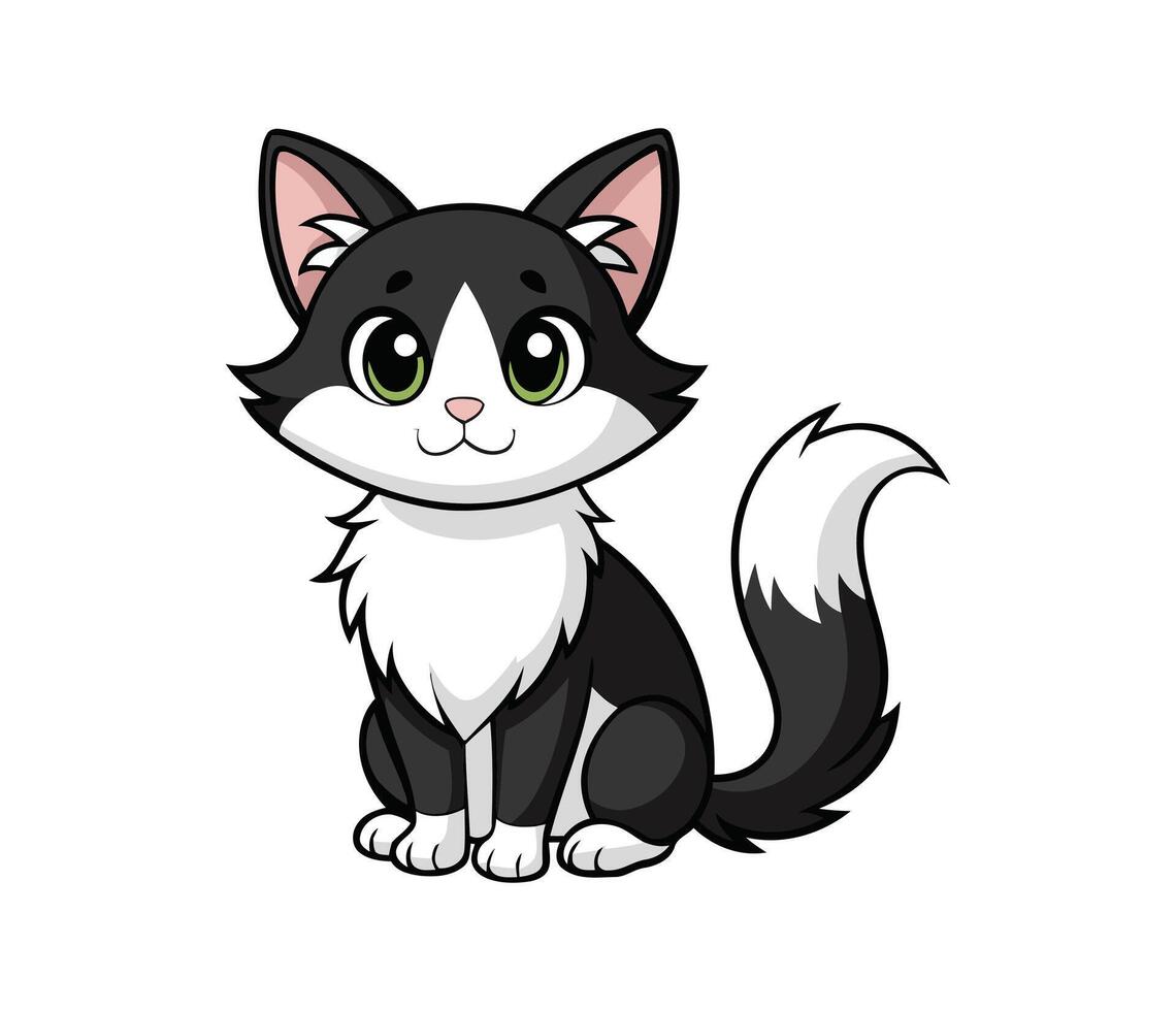 Adorable tuxedo kitten with big green eyes looking curious cartoon style with clean lines vector