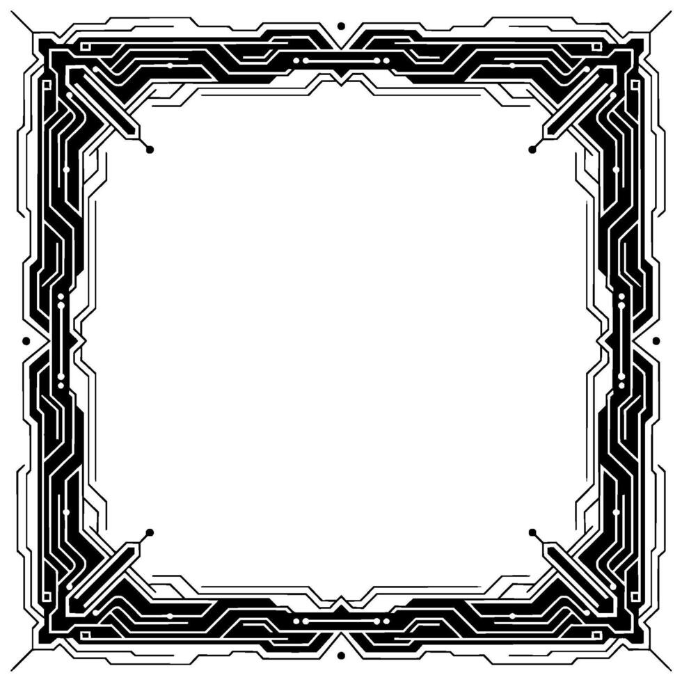 Tech Circuit Frame, Minimalist Futuristic Border, Black White vector