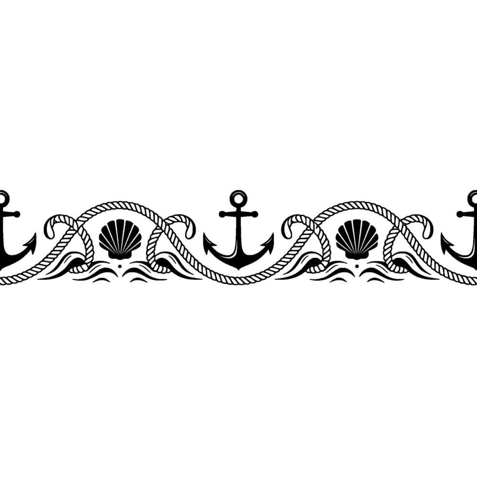 Nautical Border Anchors, Rope, Shells, Waves Black White vector