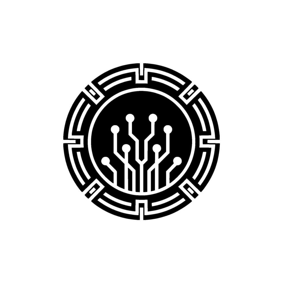 Tech Circuitry In Circular Decorative Frame, Minimalist vector