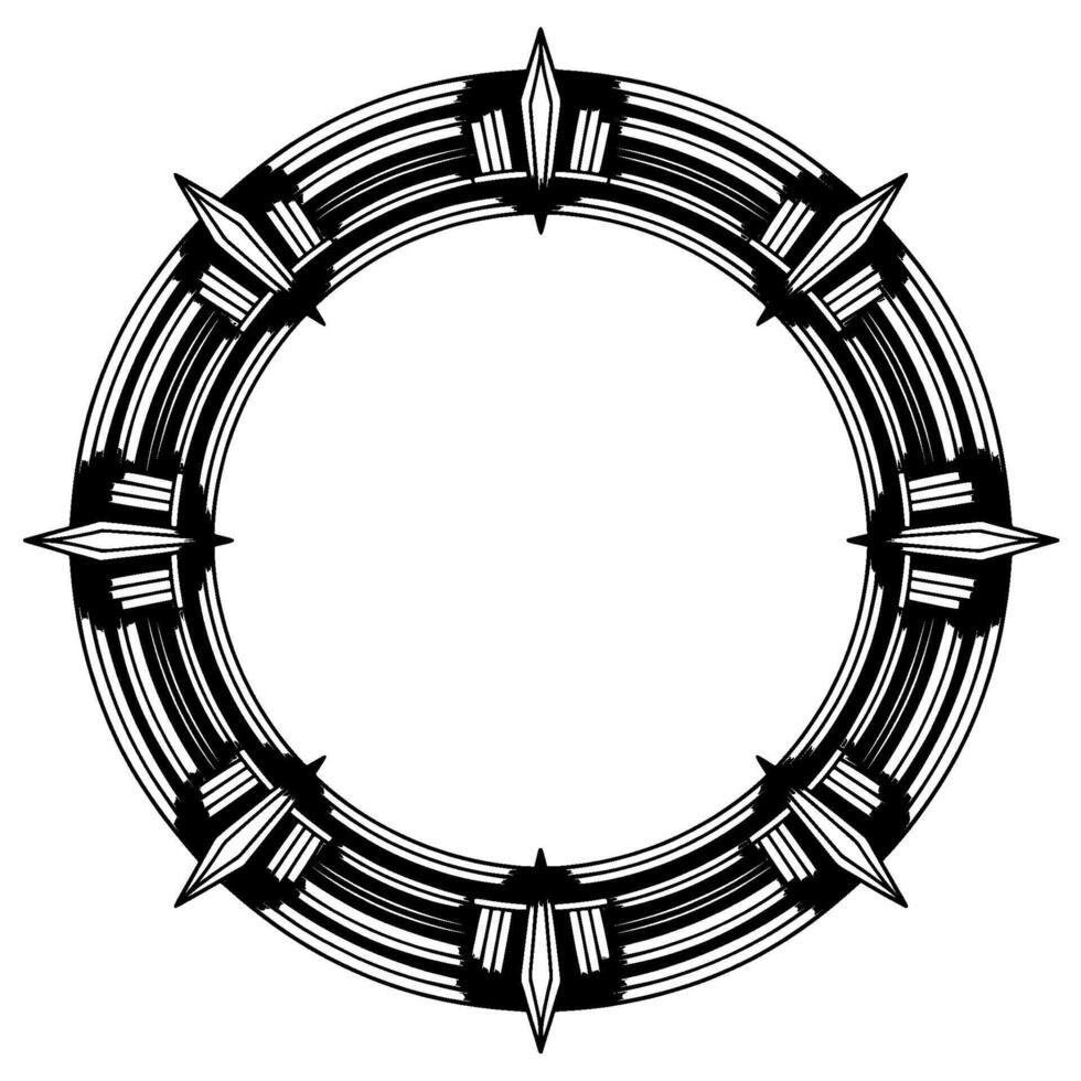 Art Deco Circle Frame With Spikes Geometric Ornament, Silver Black vector