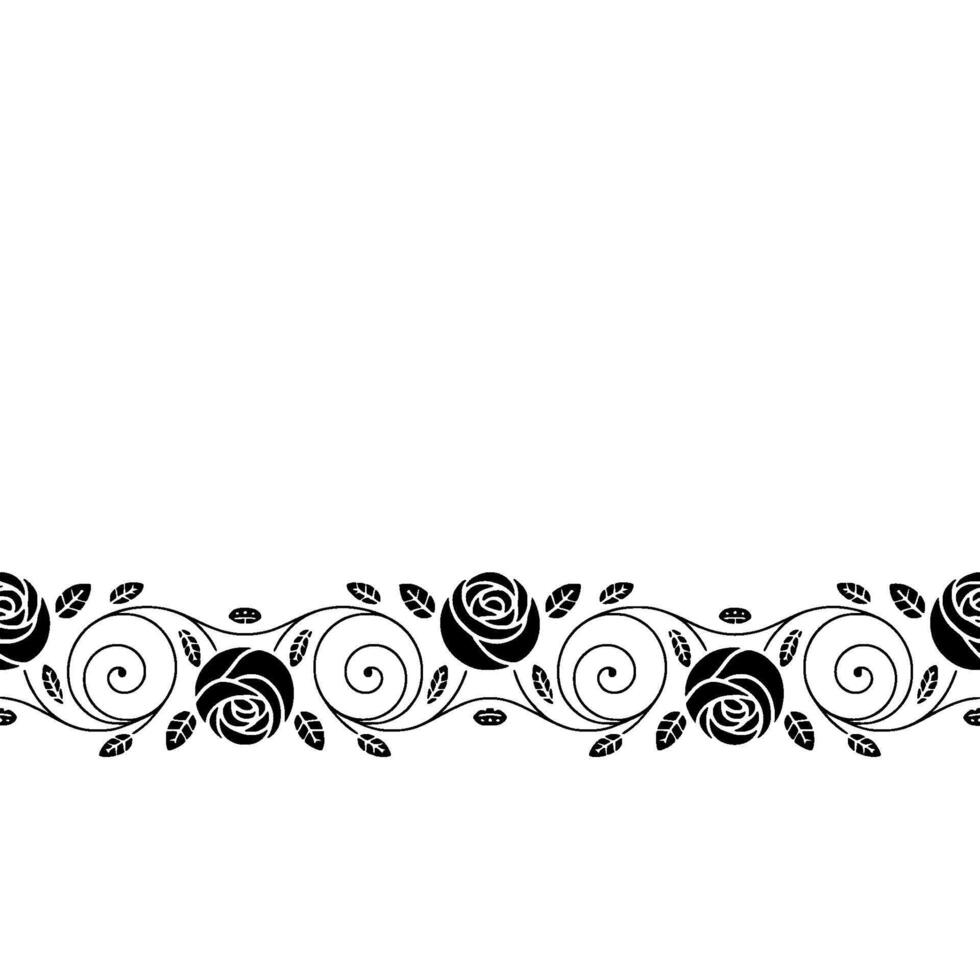Elegant Black Rose Border On White, Floral - Seamless vector