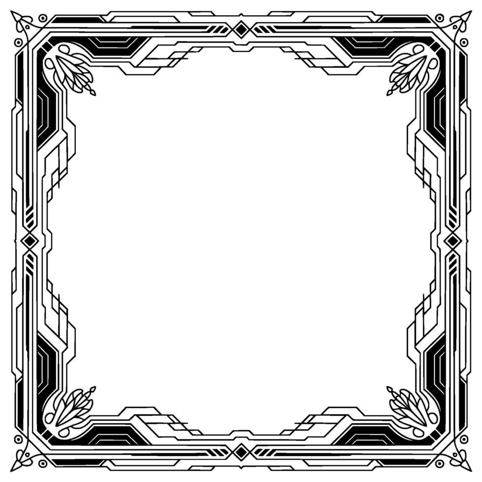 Art Deco Frame With Geometric Lines Floral Detail, Black White vector