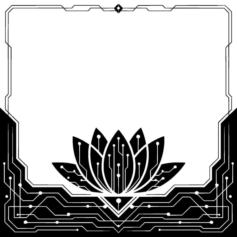 Cyber Lotus Modern Tech Floral With Circuit Board Frame, Geometric vector