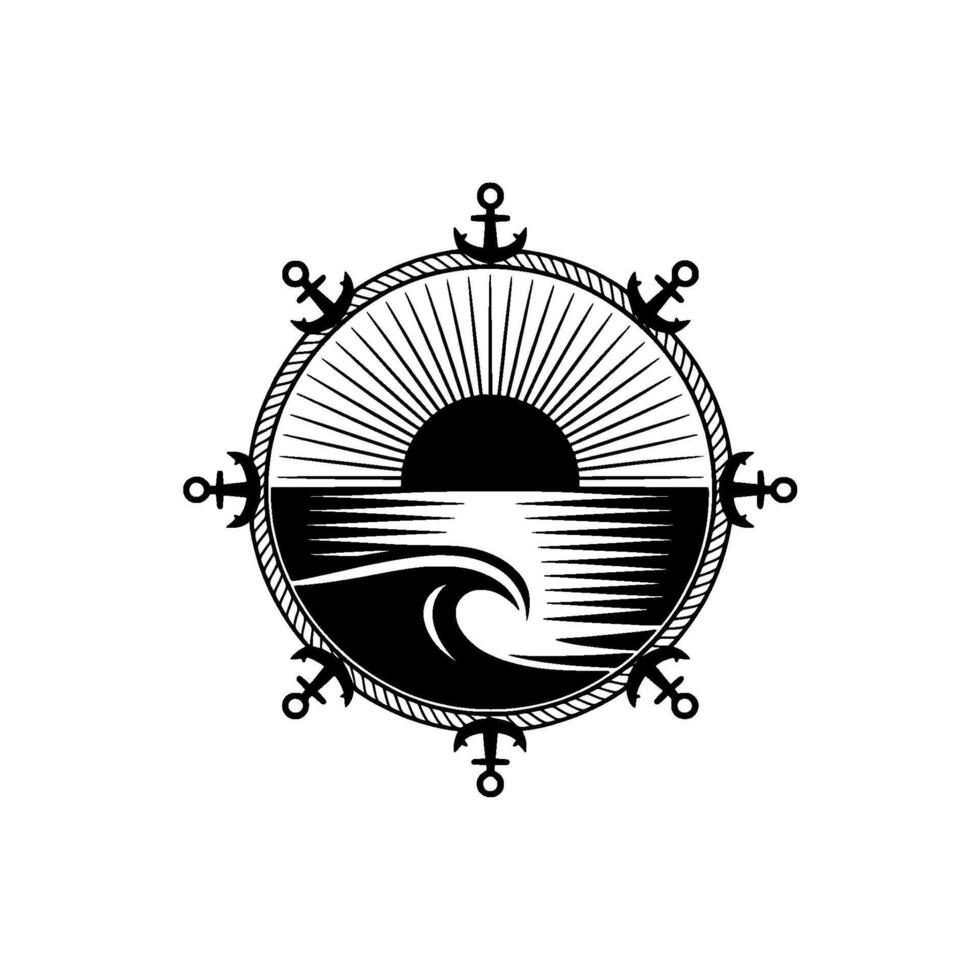 Nautical Compass Anchor, Wave, and Sunrise Symbol vector