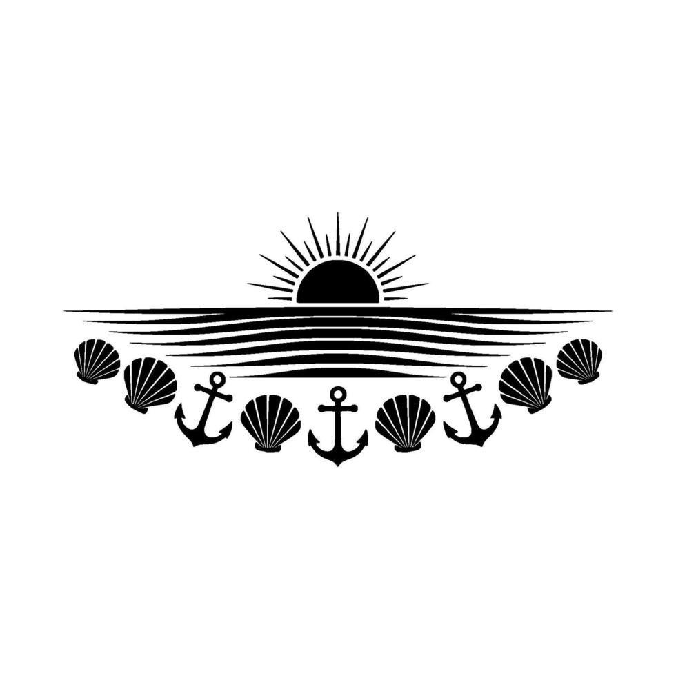 Nautical Silhouette Anchors, Shells, and Sunrise Horizon vector