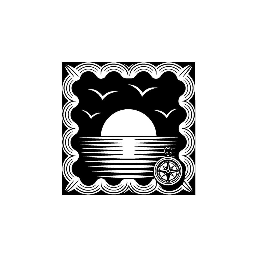 Nautical Compass Sunset Silhouette, Vintage Exploration vector