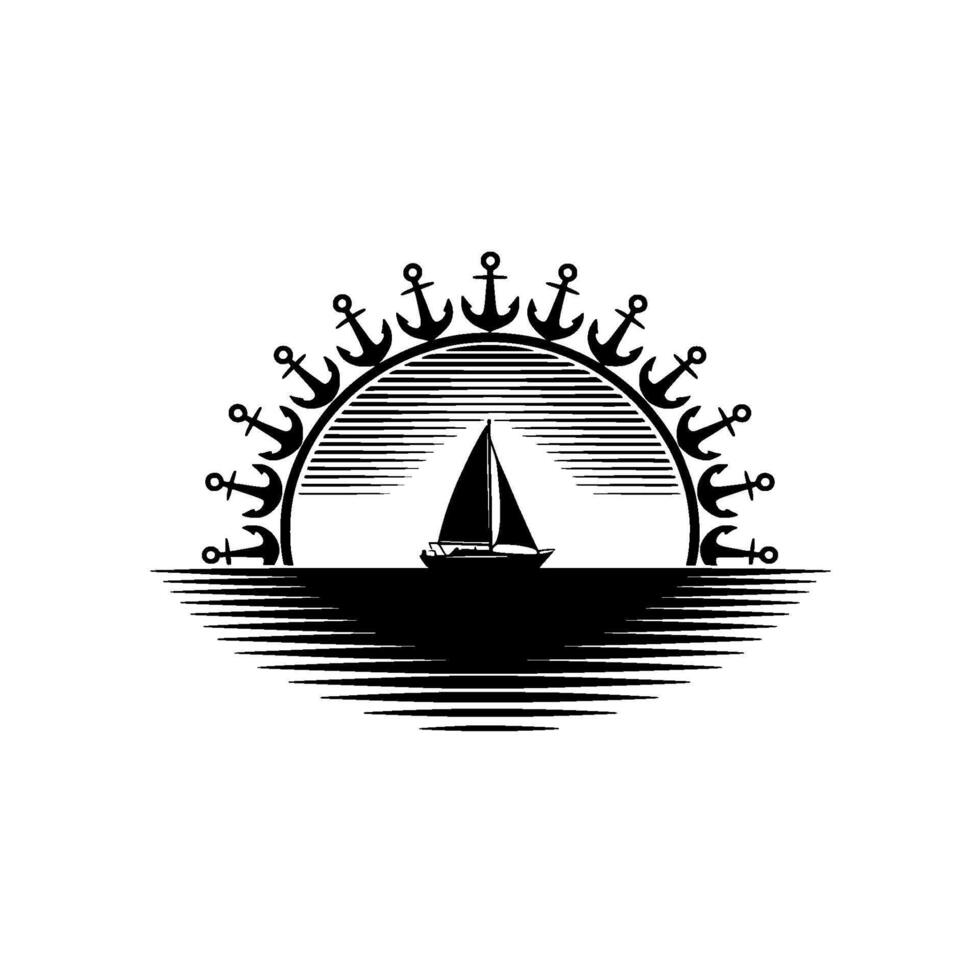Nautical Emblem Sailboat Anchor Horizon vector